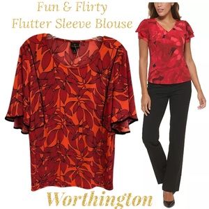 Floral Blouse Worthington Red Coral Orange Flowy Quarter Sleeve Top Size Large